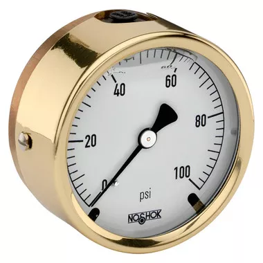 2-1/2" NOSHOK 300 Series Brass Case Liquid Filled Pressure Gauges, 25-310-300-psi/kPa-CBU, Brass Case, Copper Alloy Internals, 300 psi/kPa, 1/4" NPT Male Back Connection, Glycerin Filled, Chrome Bezel, U-Clamp