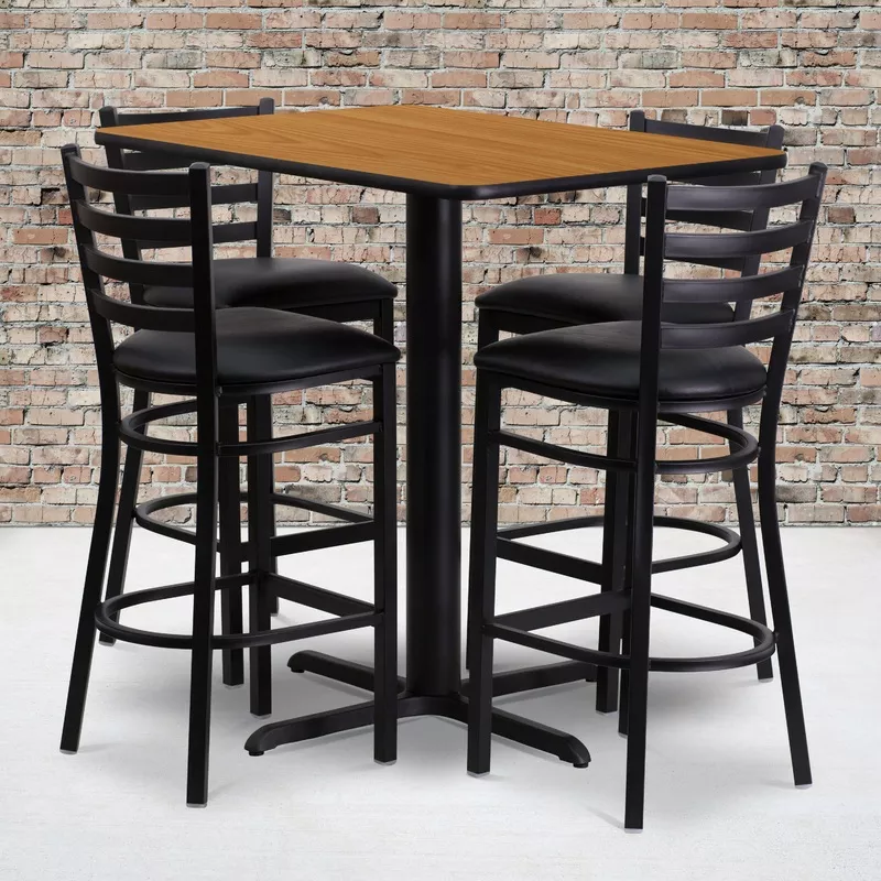 Carlton 24”W x 42”L Rectangular Natural Laminate Table Set with 4 Ladder Back Metal Barstools – Black Vinyl Seat