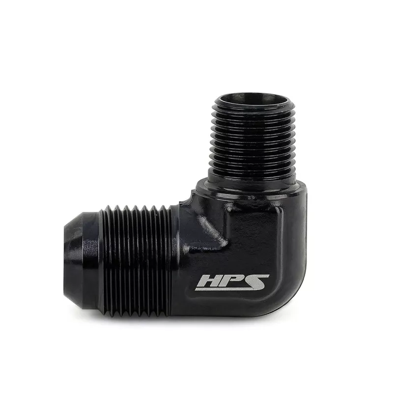 HPS Performance 90 Degree AN Flare -8 to 3/8" NPT Adapter, Aluminum, Black
