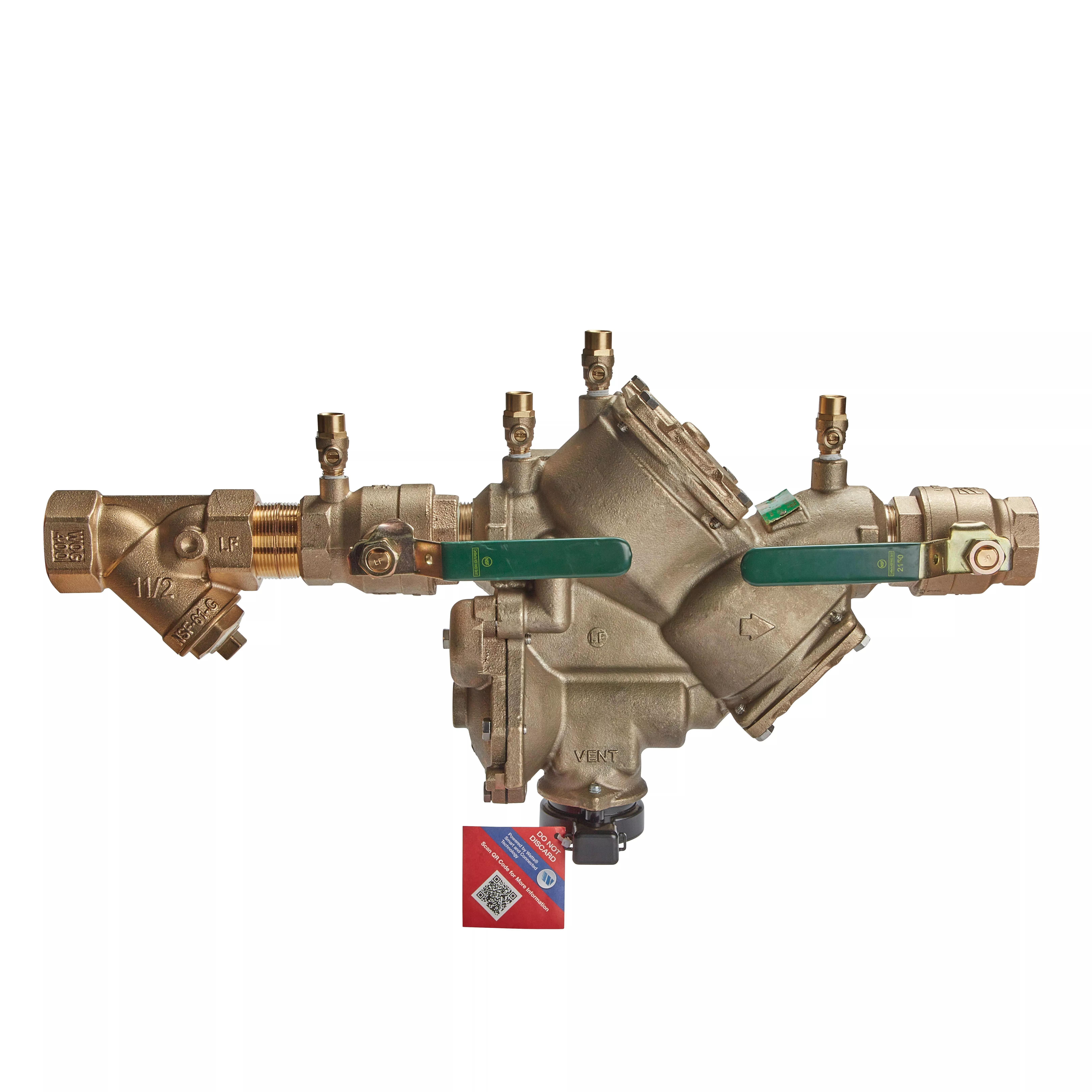 WATTS F122766 LF909-FS Small Inline Backflow Preventer, 1-1/2 in Nominal, FNPT End Style, Quarter-Turn Ball Valve, Copper Silicon Alloy Body, Reduced Pressure Zone, 7.5 fps Flow Rate, Domestic