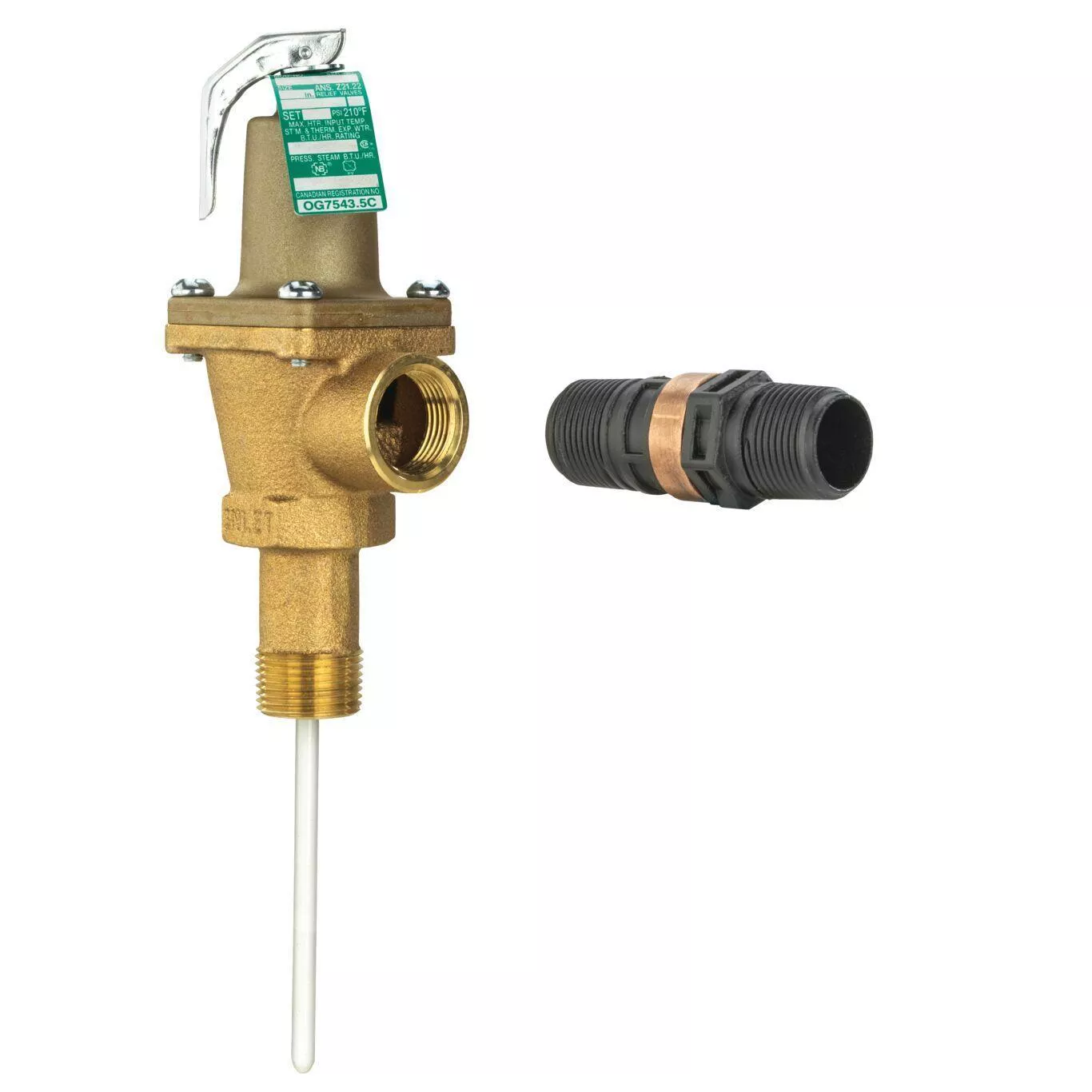 WATTS F163803 LL40XL Automatic Reseating Valve, 3/4 in Nominal, MNPT x FNPT End Style, 112 psi Pressure, 210 deg F, 5 in L Probe, Bronze Body, Domestic