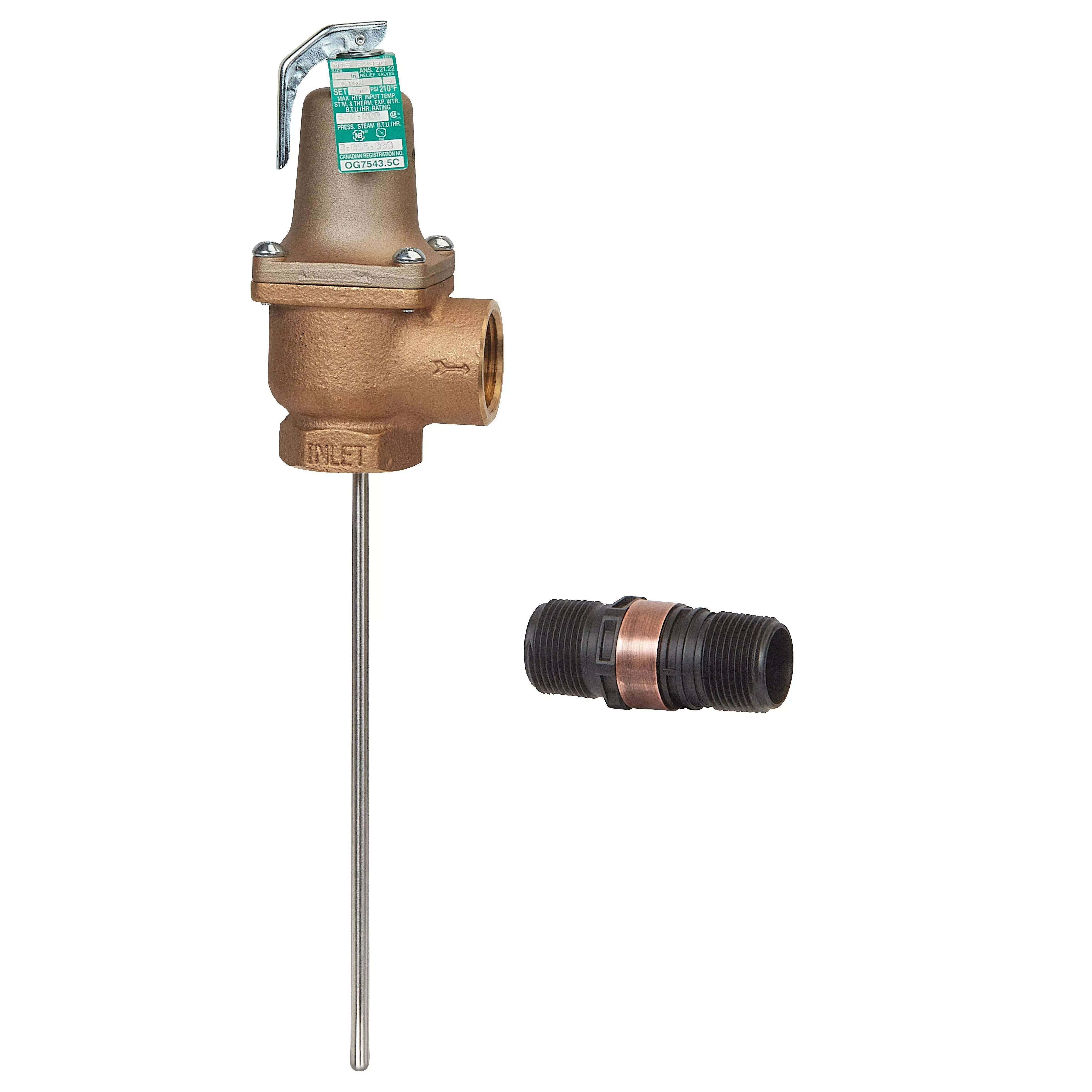 WATTS F259705 140 Automatic Reseating Pressure Relief Valve, 1 in Nominal, Female FNPT End Style, 150 psi Set Pressure, 210 deg F, 6 in L Probe, Bronze Body, Domestic