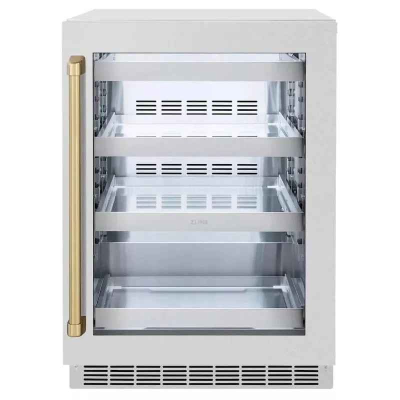 ZLINE 24″ Touchstone 151 Can Beverage Fridge DuraSnow Stainless Steel Glass Door And Champagne Bronze Handle RBSOZ-SN-24-CB