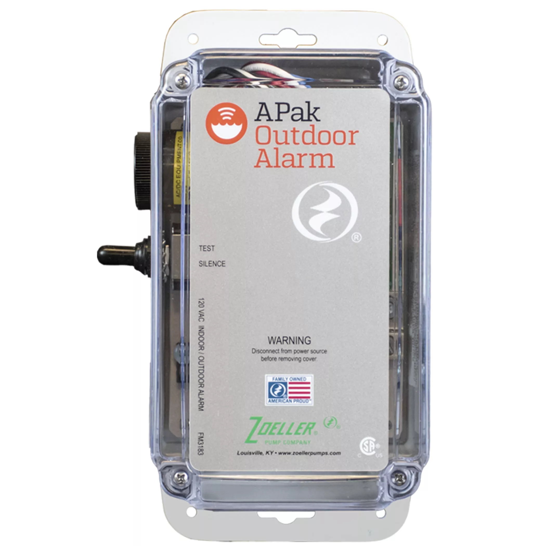Zoeller APak 91104-0001 Alarm System, 85 dB Sound, 10 ft Detection, Mechanical Float Switch, Audible Alarm/Green LED/Red LED, 120 VAC
